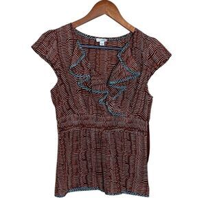 Odille Anthropologie Women’s Silk Blouse Ruffle Rust Striped Short Sleeve Y2K